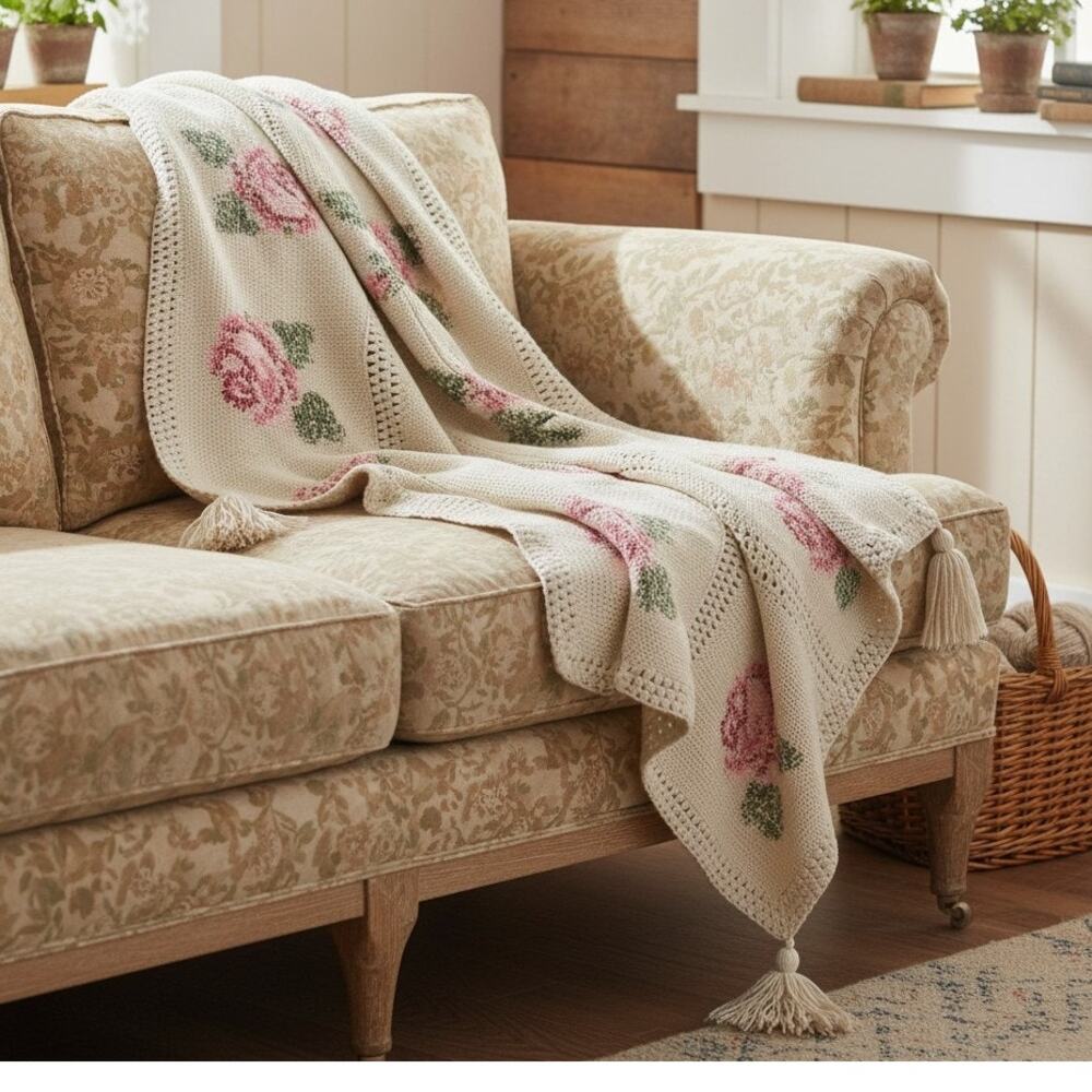 blanket throw vintage handmade crochet Tunisian afghan cottagecore shabby chic